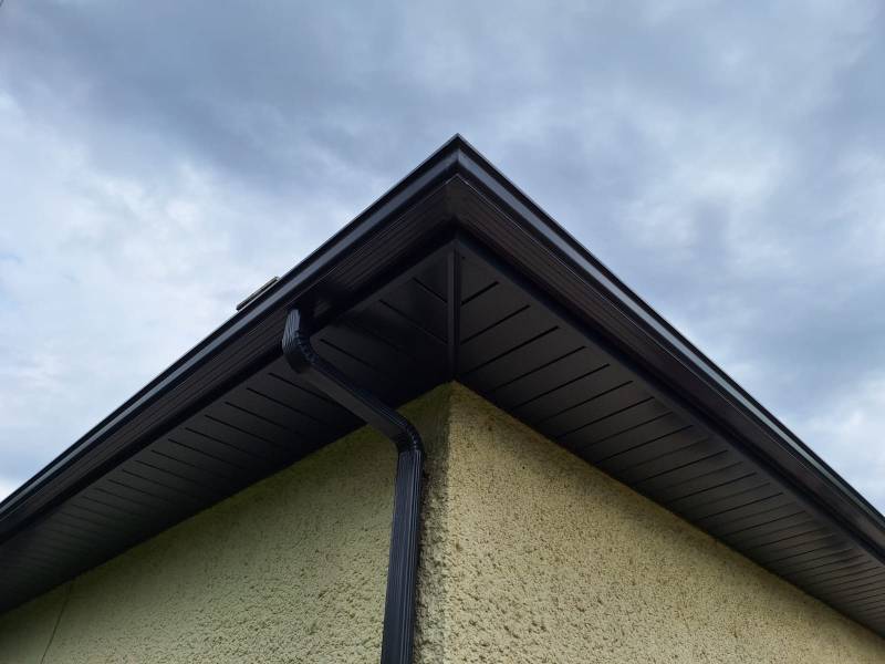 Vue de la façade modernisée avec gouttières corniche, bandeaux et sous-faces en aluminium noir profond.